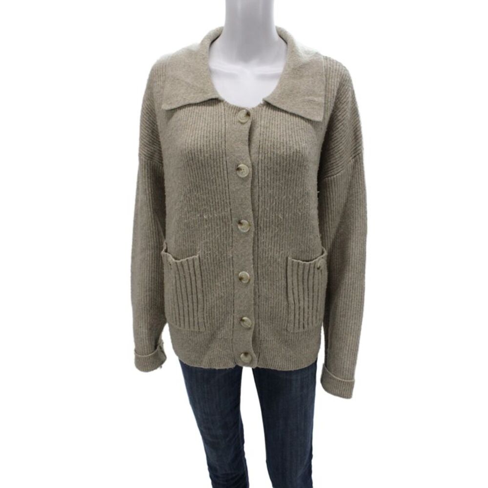 Flat White Women Collared Long Sleeve Beige Nylon Cardigan Sweater Size L